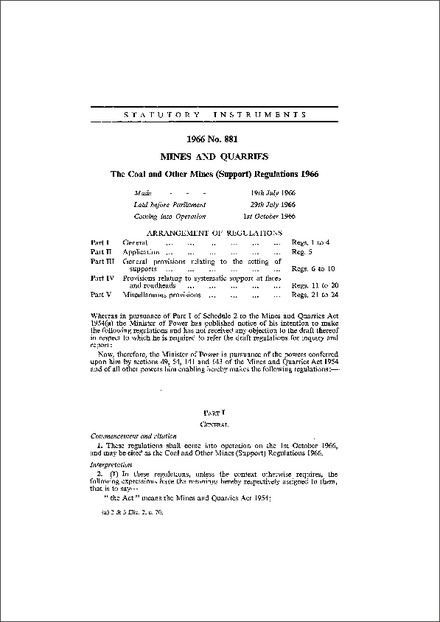 The Coal and Other Mines (Support) Regulations 1966