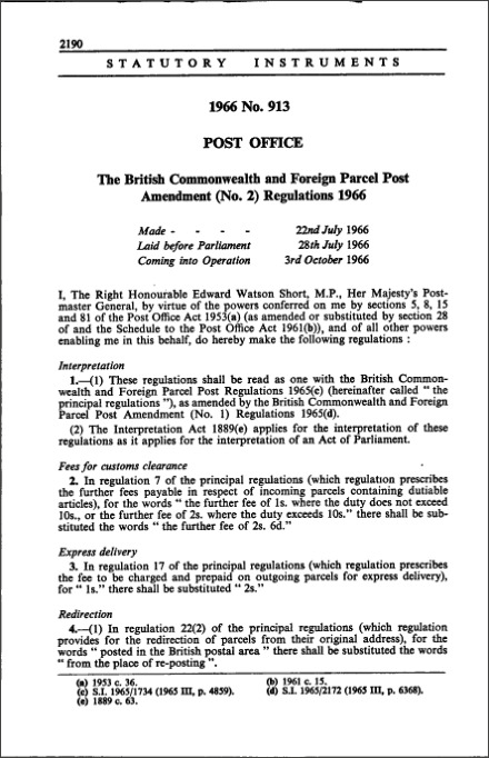 The British Commonwealth and Foreign Parcel Post Amendment (No. 2) Regulations 1966