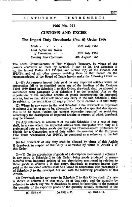 The Import Duty Drawbacks (No. 6) Order 1966