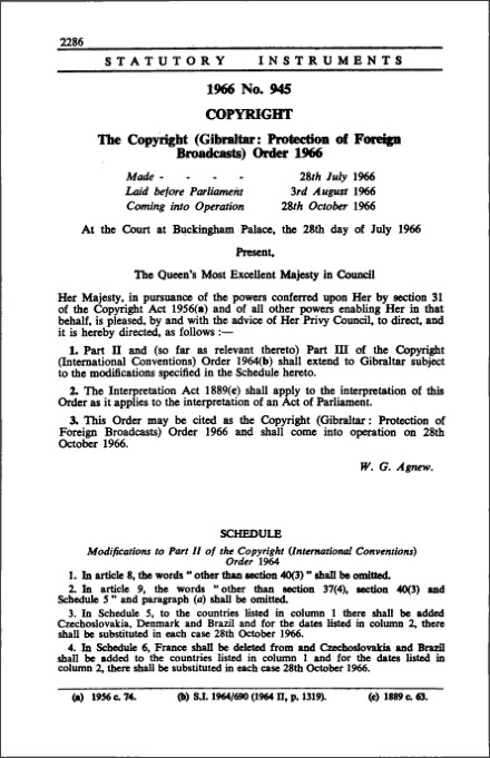 The Copyright (Gibraltar: Protection of Foreign Broadcasts) Order 1966