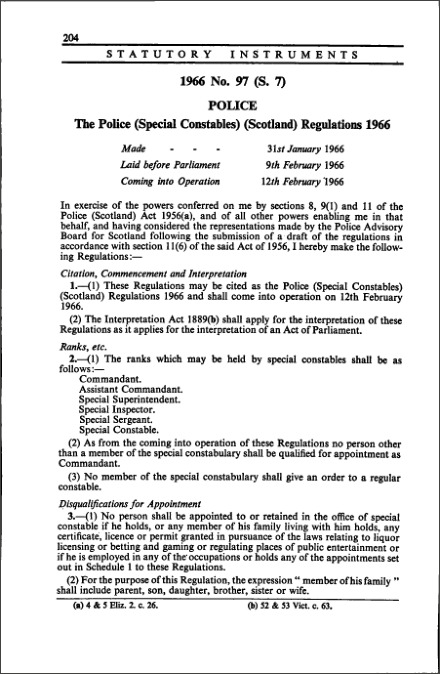 The Police (Special Constables) (Scotland) Regulations 1966