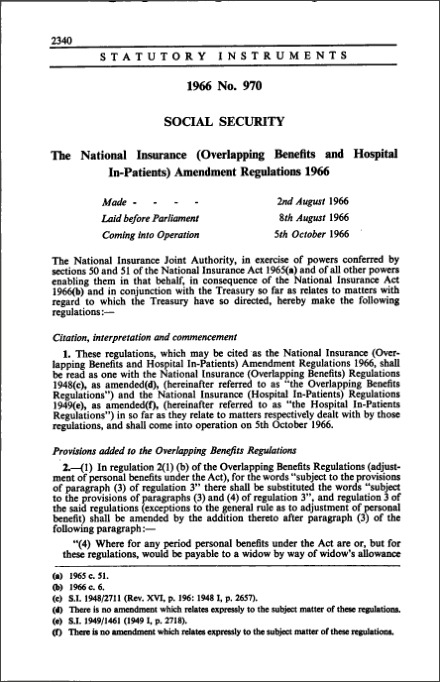 The National Insurance (Overlapping Benefits and Hospital In-Patients) Amendment Regulations 1966