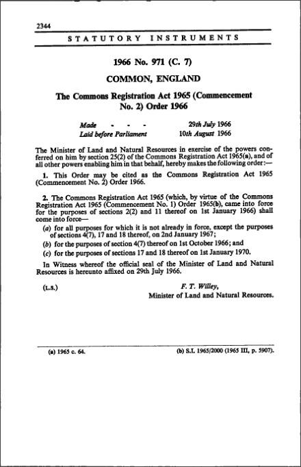 The Commons Registration Act 1965 (Commencement No. 2) Order 1966