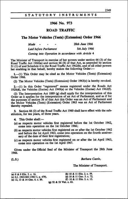 The Motor Vehicles (Tests) (Extension) Order 1966
