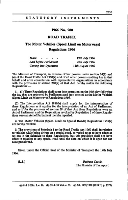 The Motor Vehicles (Speed Limit on Motorways) Regulations 1966
