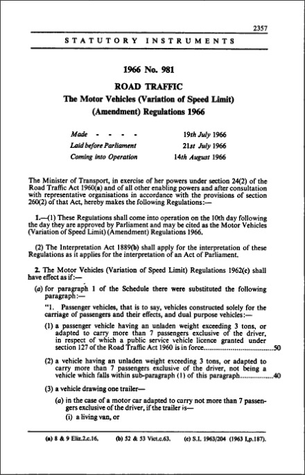 The Motor Vehicles (Variation of Speed Limit) (Amendment) Regulations 1966