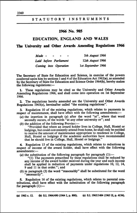 The University and Other Awards Amending Regulations 1966