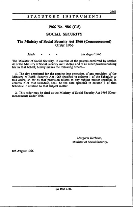 The Ministry of Social Security Act 1966 (Commencement) Order 1966