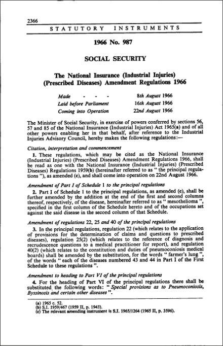 The National Insurance (Industrial Injuries) (Prescribed Diseases) Amendment Regulations 1966