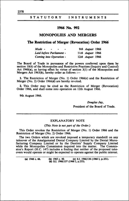 The Restriction of Merger (Revocation) Order 1966