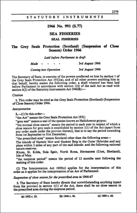 The Grey Seals Protection (Scotland) (Suspension of Close Season) Order 1966