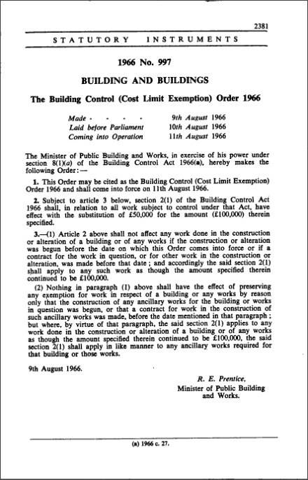 The Building Control (Cost Limit Exemption) Order 1966