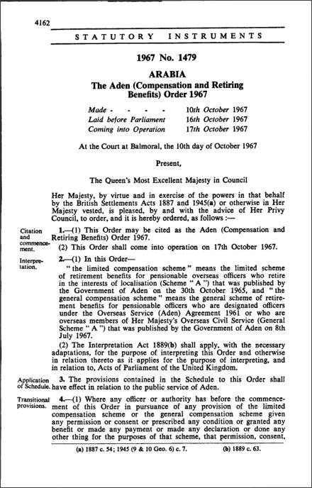 The Aden (Compensation and Retiring Benefits) Order 1967