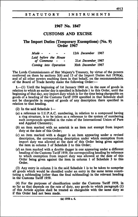 The Import Duties (Temporary Exemptions) (No. 9) Order 1967