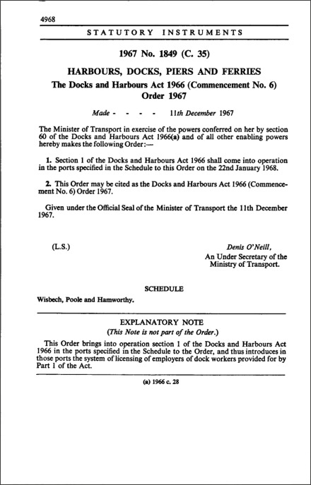 The Docks and Harbours Act 1966 (Commencement No. 6) Order 1967