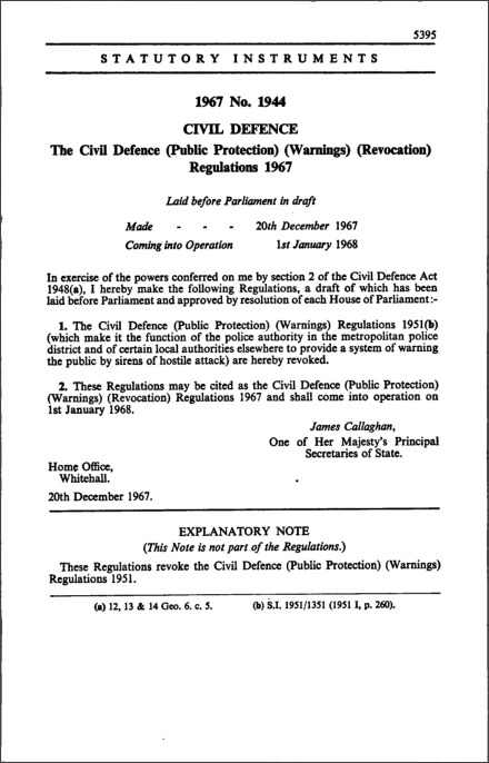 The Civil Defence (Public Protection) (Warnings) (Revocation) Regulations 1967