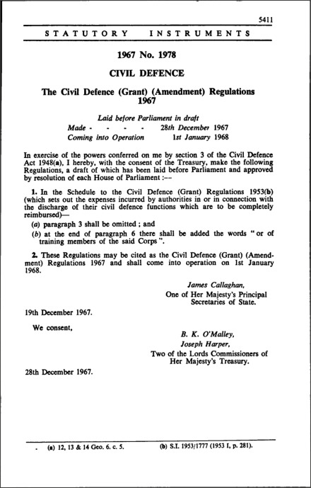 The Civil Defence (Grant) (Amendment) Regulations 1967