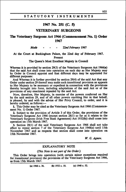 The Veterinary Surgeons Act 1966 (Commencement No. 1) Order 1967