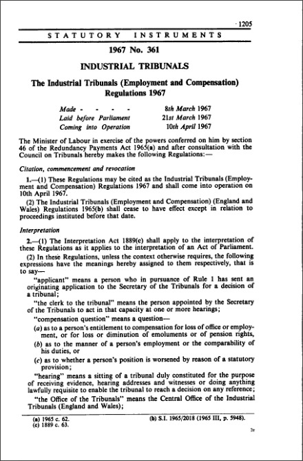 The Industrial Tribunals (Employment and Compensation) Regulations 1967