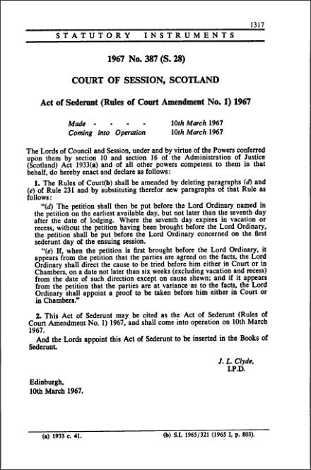 Act of Sederunt (Rules of Court Amendment No. 1) 1967