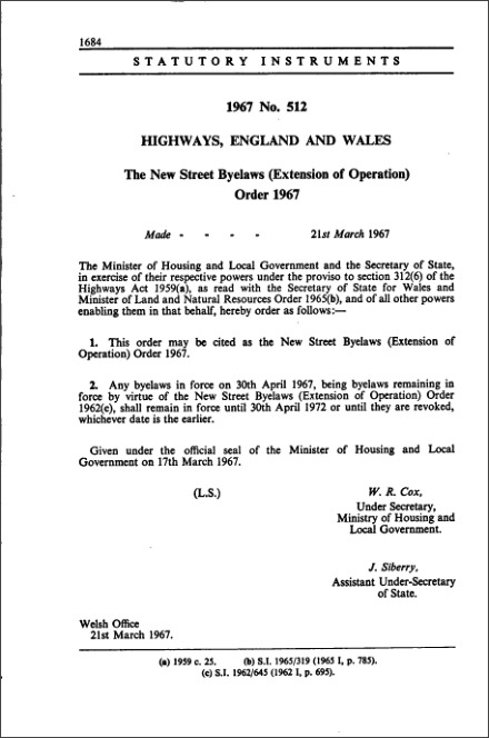 The New Street Byelaws (Extension of Operation) Order 1967