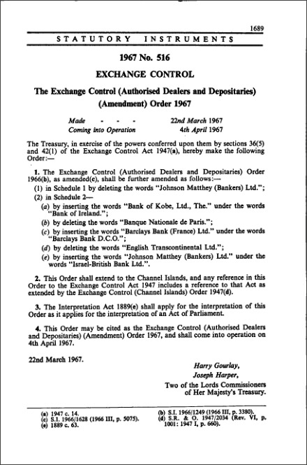 The Exchange Control (Authorised Dealers and Depositaries) (Amendment) Order 1967