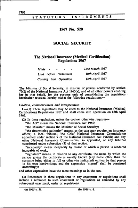 The National Insurance (Medical Certification) Regulations 1967