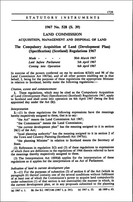 The Compulsory Acquisition of Land (Development Plan) (Specification) (Scotland) Regulations 1967
