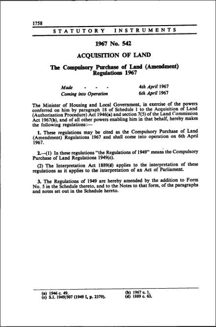 The Compulsory Purchase of Land (Amendment) Regulations 1967