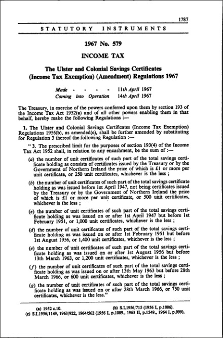 The Ulster and Colonial Savings Certificates (Income Tax Exemption) (Amendment) Regulations 1967