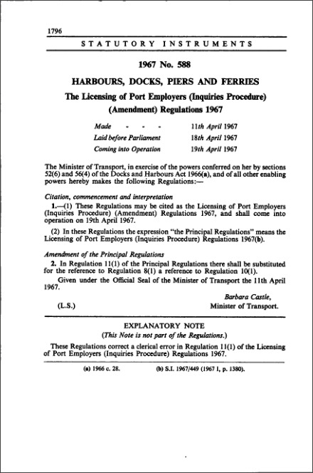 The Licensing of Port Employers (Inquiries Procedure) (Amendment) Regulations 1967