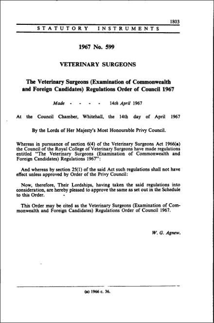The Veterinary Surgeons (Examination of Commonwealth and Foreign Candidates) Regulations Order of Council 1967