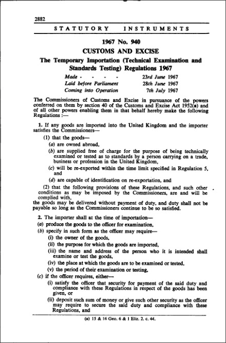 The Temporary Importation (Technical Examination and Standards Testing) Regulations 1967