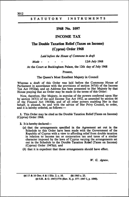 The Double Taxation Relief (Taxes on Income) (Cyprus) Order 1968