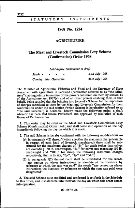 The Meat and Livestock Commission Levy Scheme (Confirmation) Order 1968