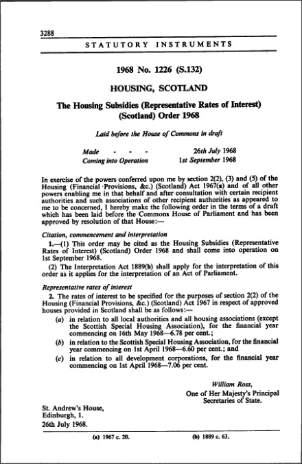 The Housing Subsidies (Representative Rates of Interest) (Scotland) Order 1968