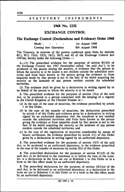 The Exchange Control (Declarations and Evidence) Order 1968