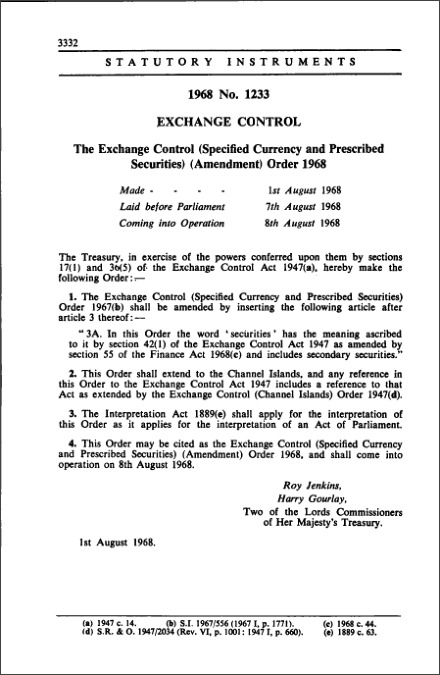The Exchange Control (Specified Currency and Prescribed Securities) (Amendment) Order 1968