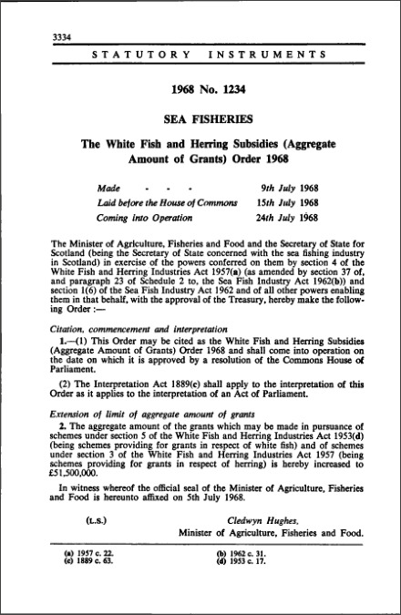 The White Fish and Herring Subsidies (Aggregate Amount of Grants) Order 1968