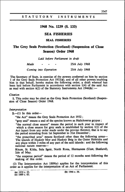 The Grey Seals Protection (Scotland) (Suspension of Close Season) Order 1968