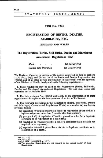 The Registration (Births, Still-births, Deaths and Marriages) Amendment Regulations 1968