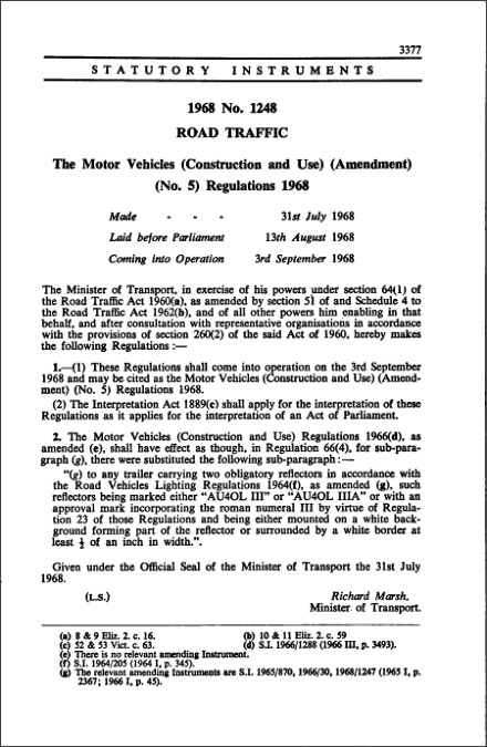 The Motor Vehicles (Construction and Use) (Amendment) (No. 5) Regulations 1968