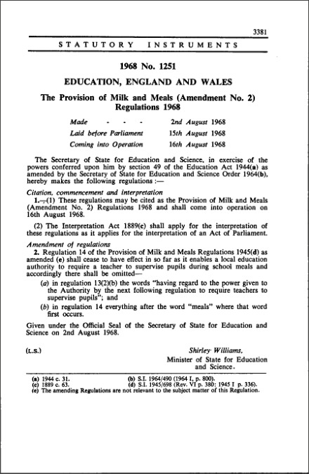 The Provision of Milk and Meals (Amendment No. 2) Regulations 1968