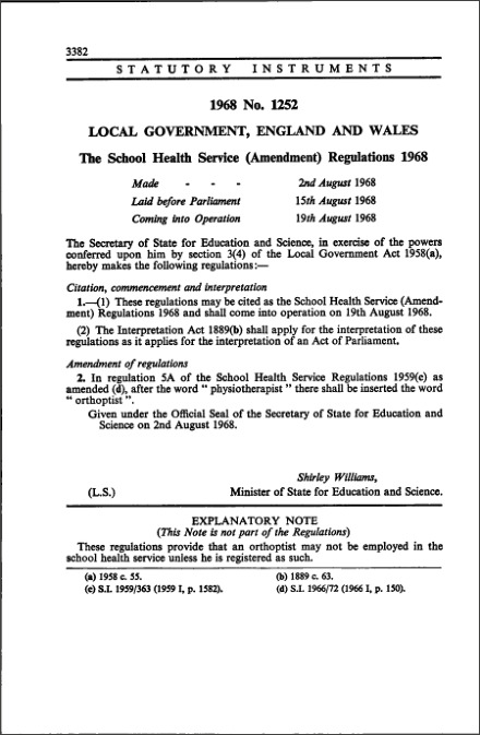 The School Health Service (Amendment) Regulations 1968