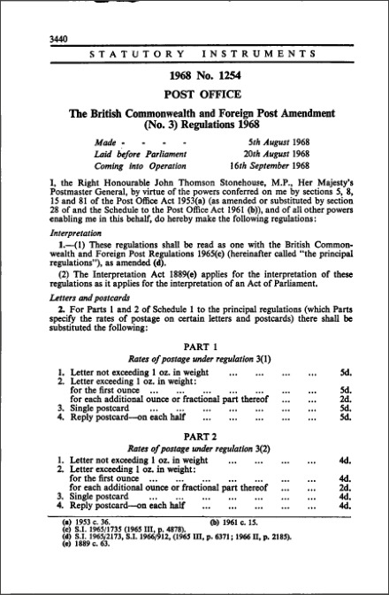 The British Commonwealth and Foreign Post Amendment (No. 3) Regulations 1968