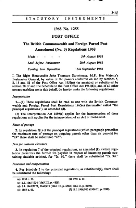 The British Commonwealth and Foreign Parcel Post Amendment (No. 3) Regulations 1968