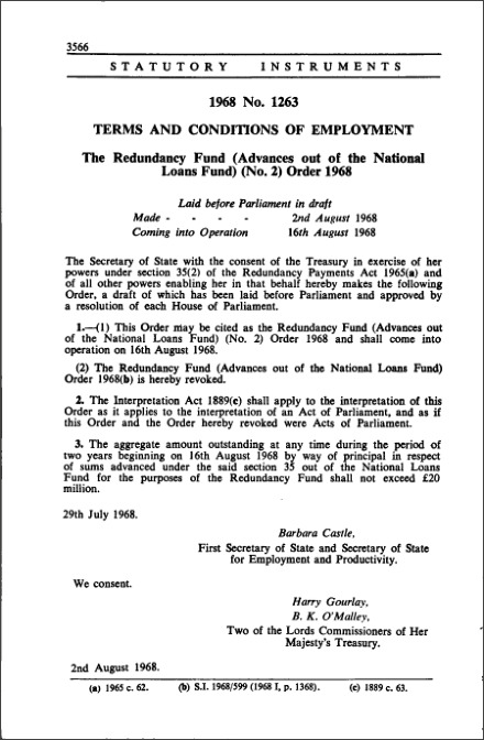 The Redundancy Fund (Advances out of the National Loans Fund) (No. 2) Order 1968