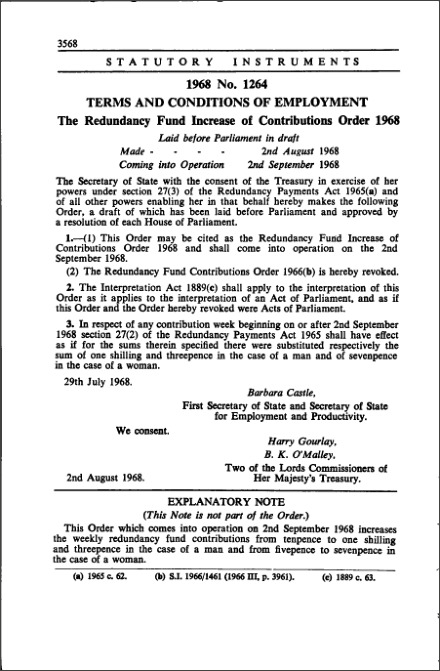 The Redundancy Fund Increase of Contributions Order 1968