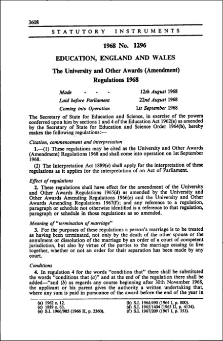 The University and Other Awards (Amendment) Regulations 1968
