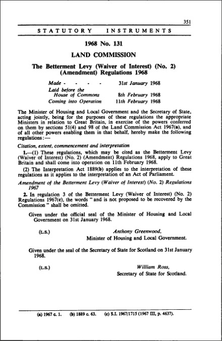 The Betterment Levy (Waiver of Interest) (No. 2) (Amendment) Regulations 1968